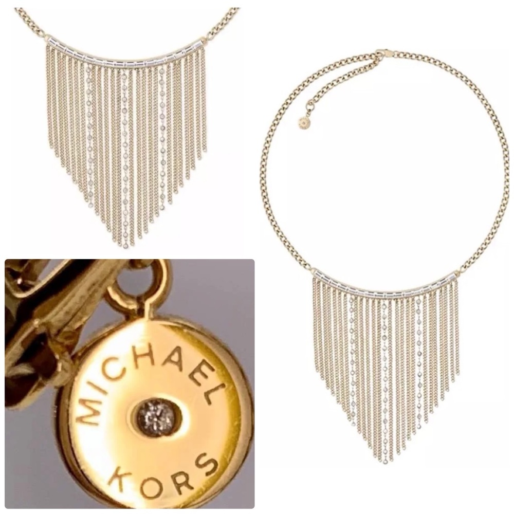 🚨Final Sale🚨! NIB Michael Kors Godtone Fringe Bib Necklace w/Crystals